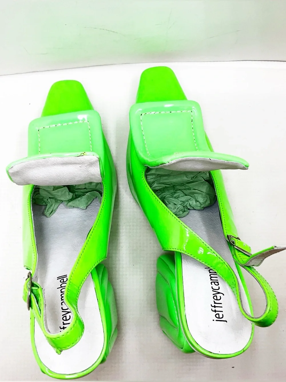 🆕{Jeffery Campbell} Picasso Neon Green Square-Toe Slingback Heels